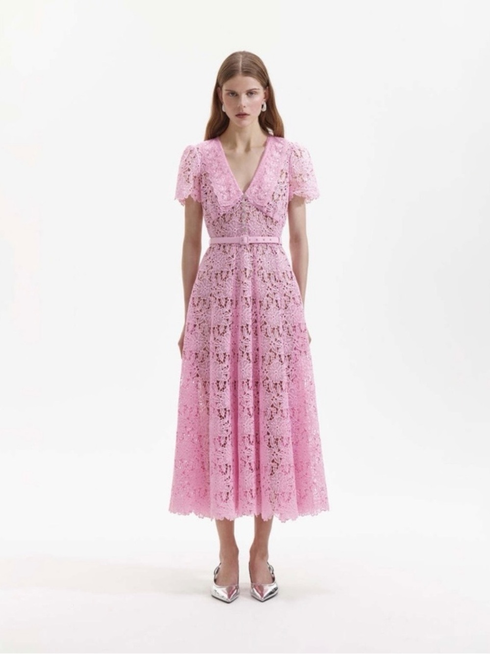 Self-Portrait Pink Lace V-Neck Midi Dress